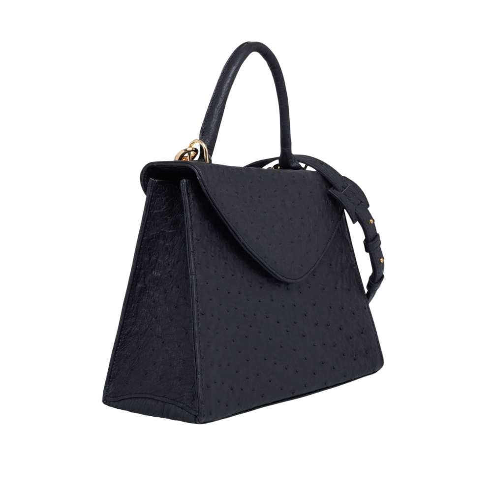 Handle Bag with shoulder strap made of ostrich leather black