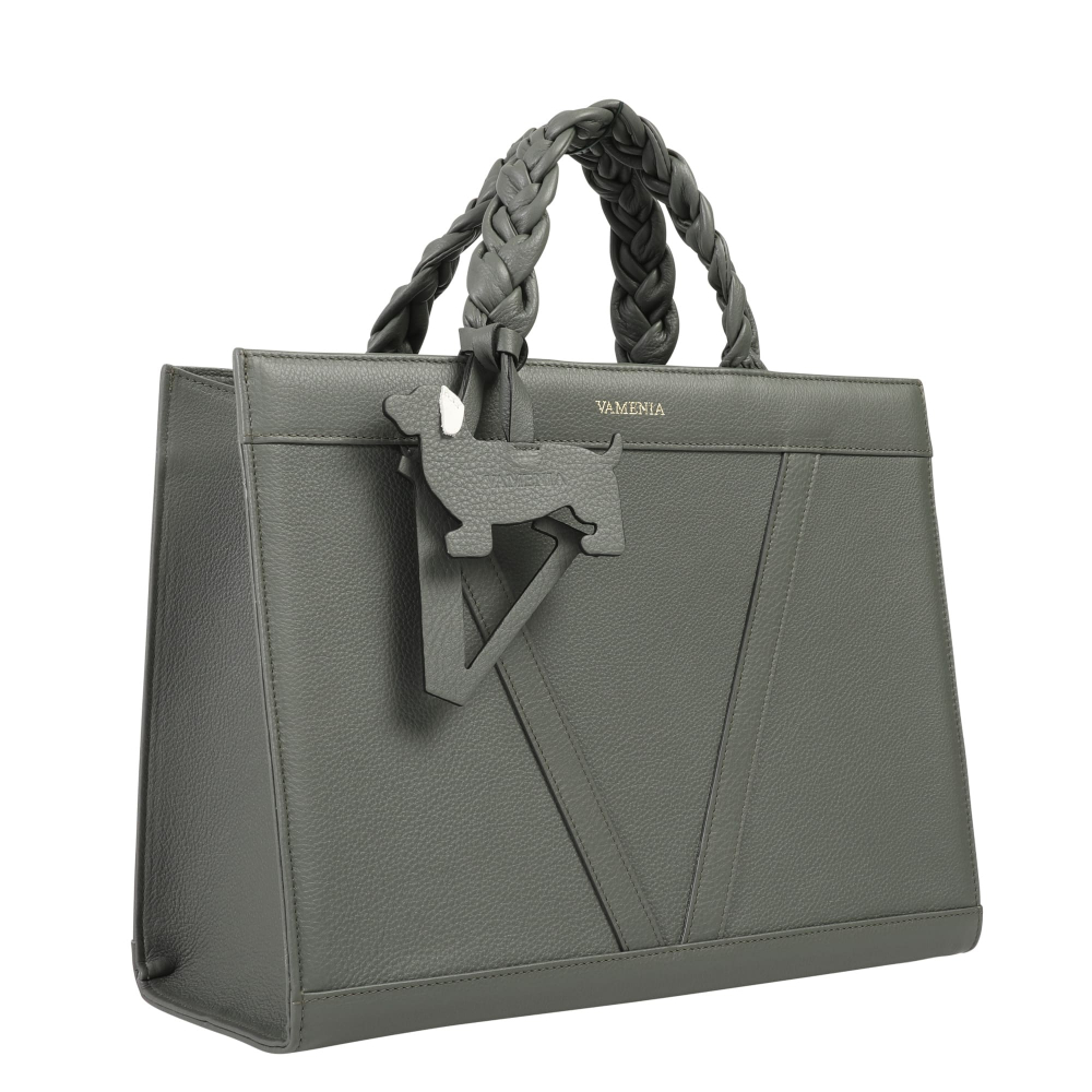 Handtasche aus Kalbsleder mit geflochtenen Henkeln Olivgrün -VESTA-