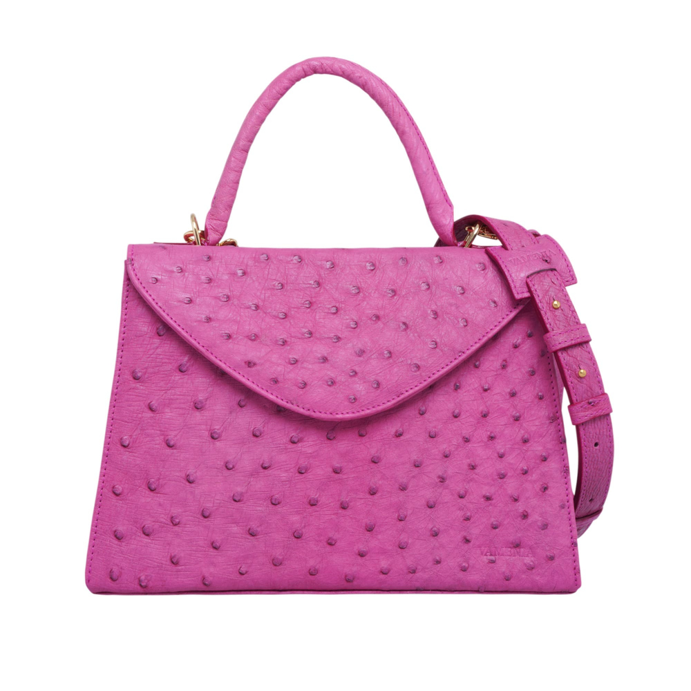 Handle Bag with shoulder strap made of ostrich leather magenta