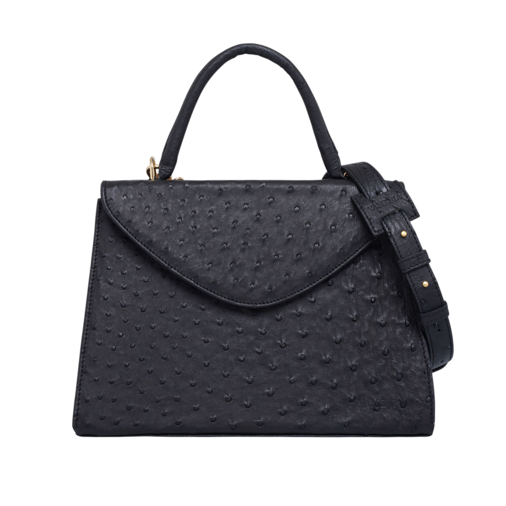 Handle Bag with shoulder strap made of ostrich leather black