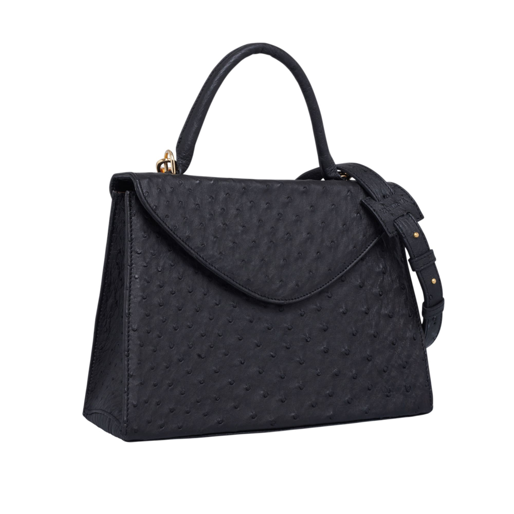 Handle Bag with shoulder strap made of ostrich leather black