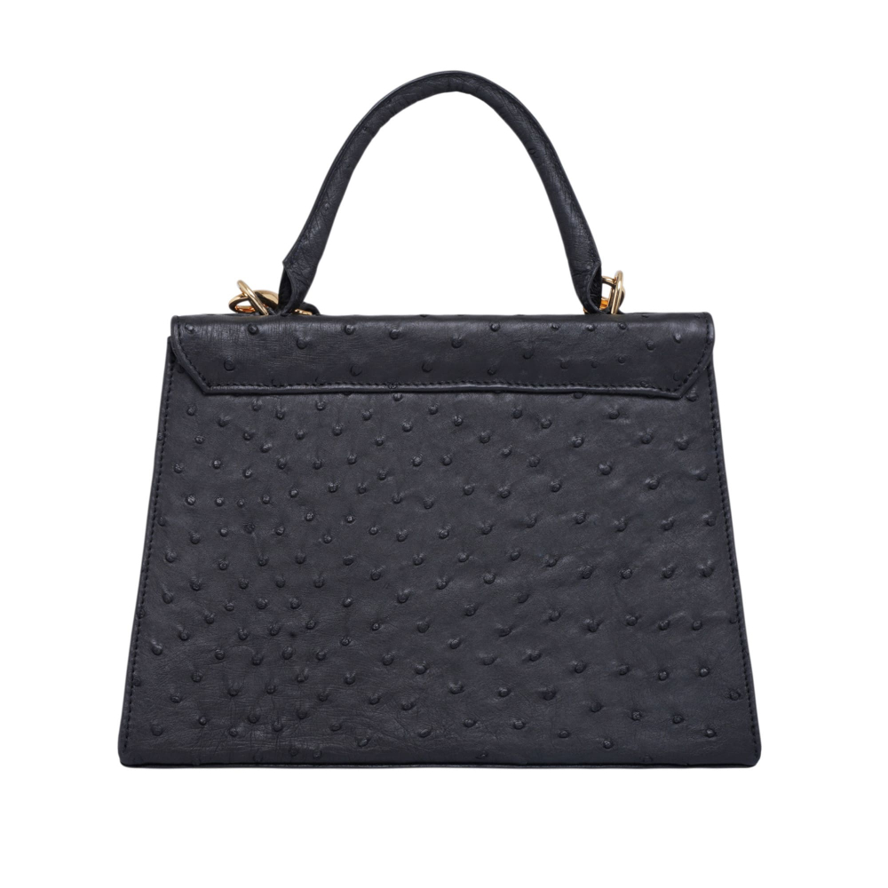 Handle Bag with shoulder strap made of ostrich leather black