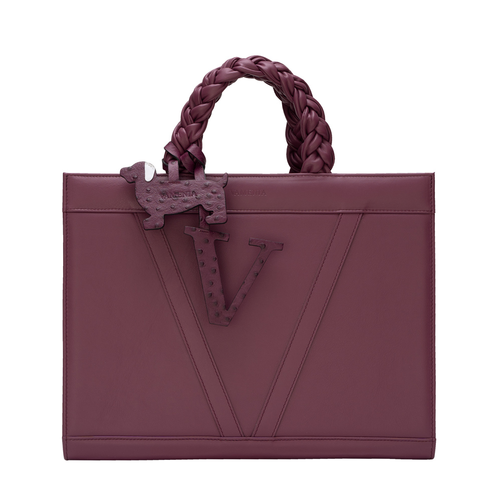 Handtasche aus glattem Kalbsleder mit geflochtenen Henkeln Magenta -VESTA-